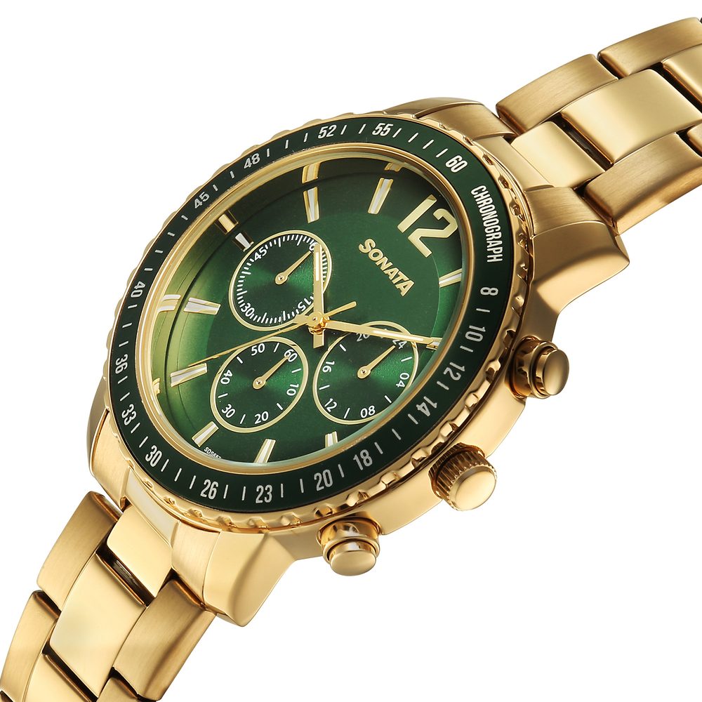 Sonata Chronos Quartz Analog with Date Green Dial Golden Colour Stainless Steel Strap Watch For Men
