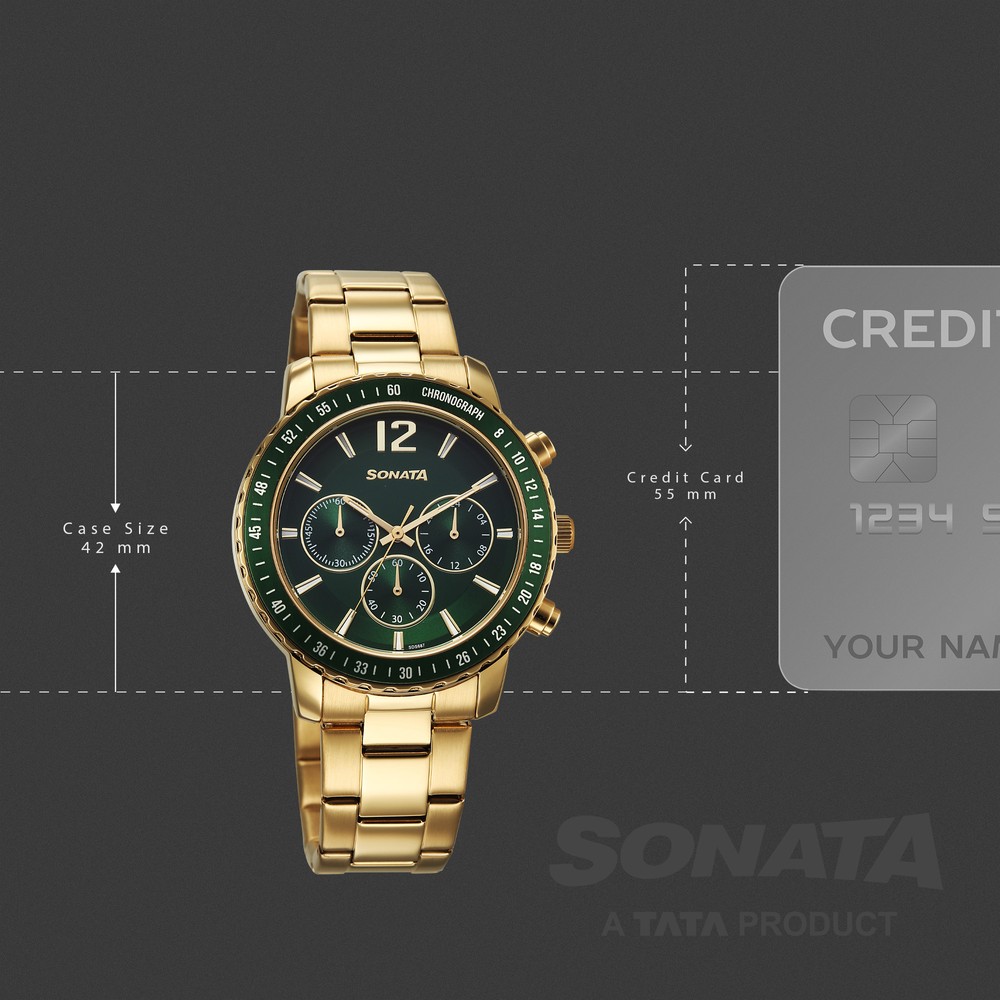 Sonata Chronos Quartz Analog with Date Green Dial Golden Colour Stainless Steel Strap Watch For Men