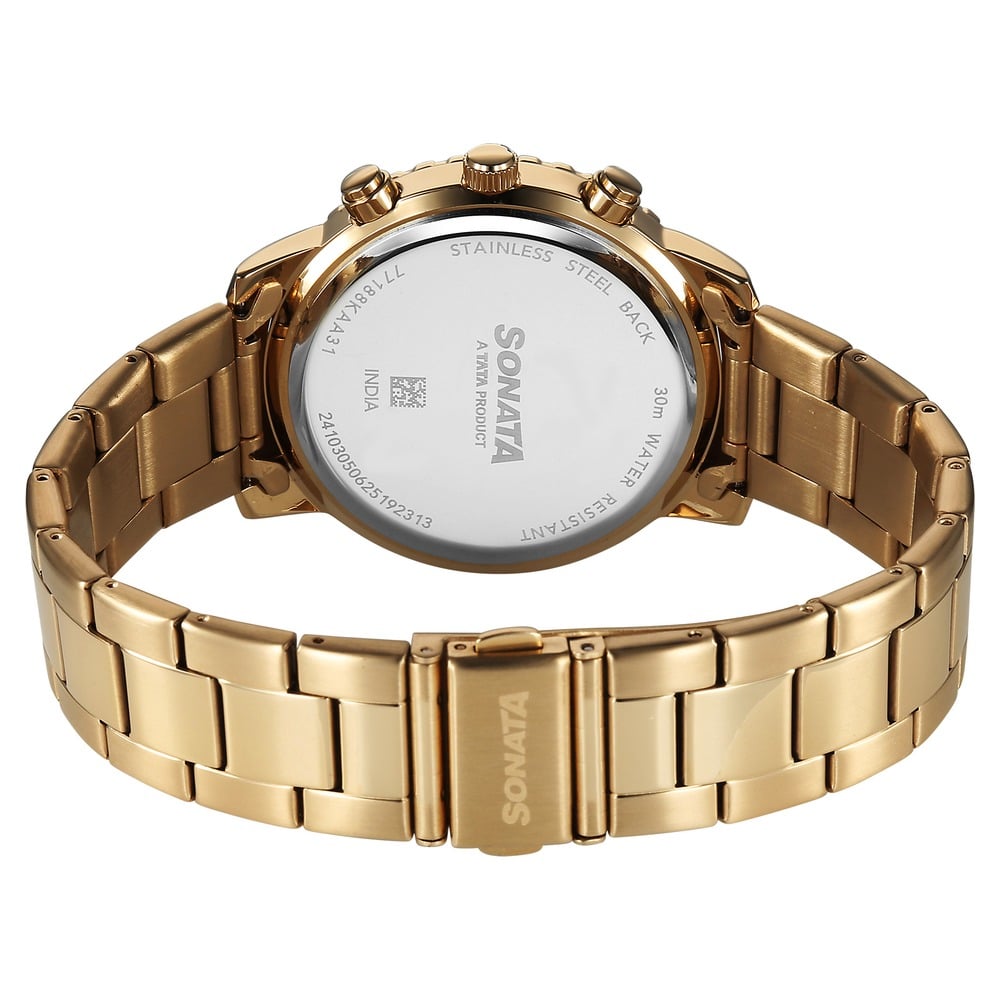 Sonata Chronos Quartz Analog with Date Green Dial Golden Colour Stainless Steel Strap Watch For Men