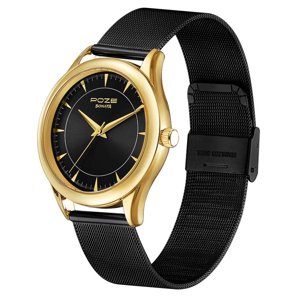 Poze by Sonata Quartz Analog Black Dial Stainless Steel Strap Watch for Men