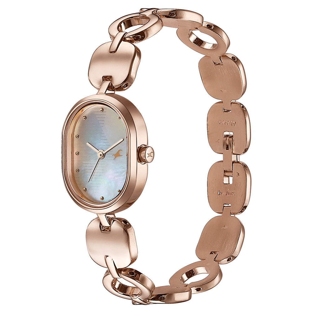 Fastrack Style Up Quartz Analog Mother Of Pearl Dial Rose Gold Metal Strap Watch For Girls