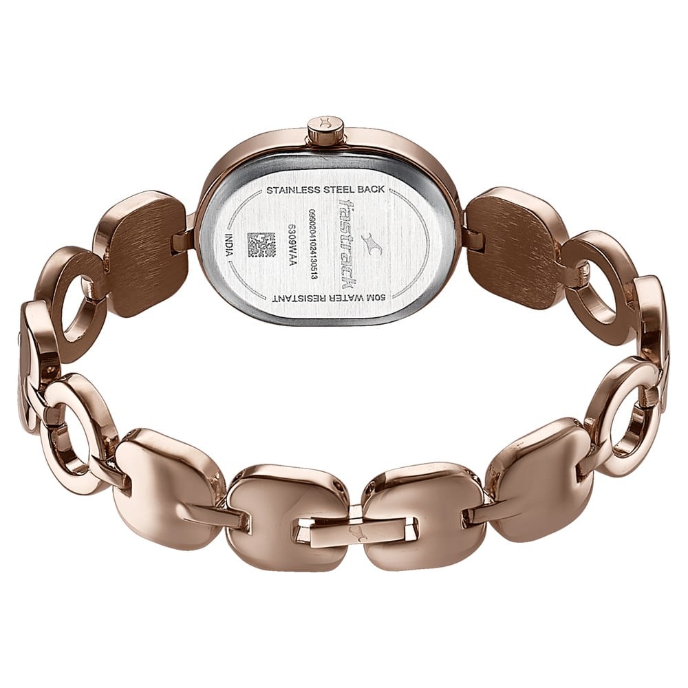 Fastrack Style Up Quartz Analog Mother Of Pearl Dial Rose Gold Metal Strap Watch For Girls