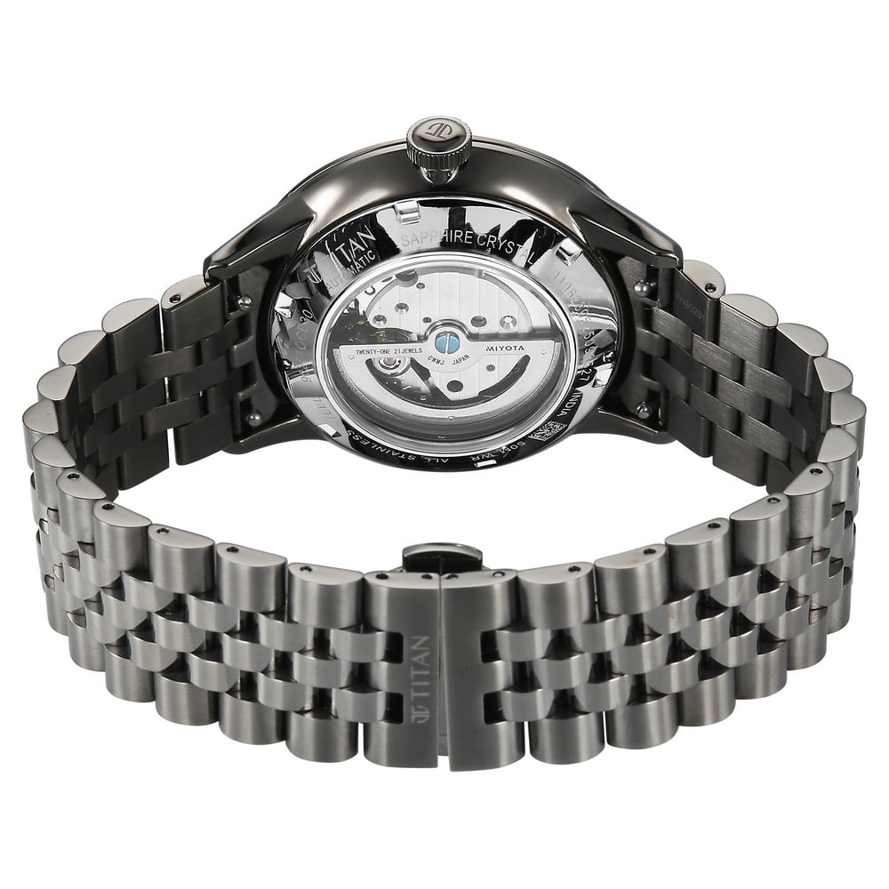 Titan Weekender 60 Hours Power Reserve Concealed Automatic Analog Gun Dial Dark Gun Stainless Steel Strap Watch for Men