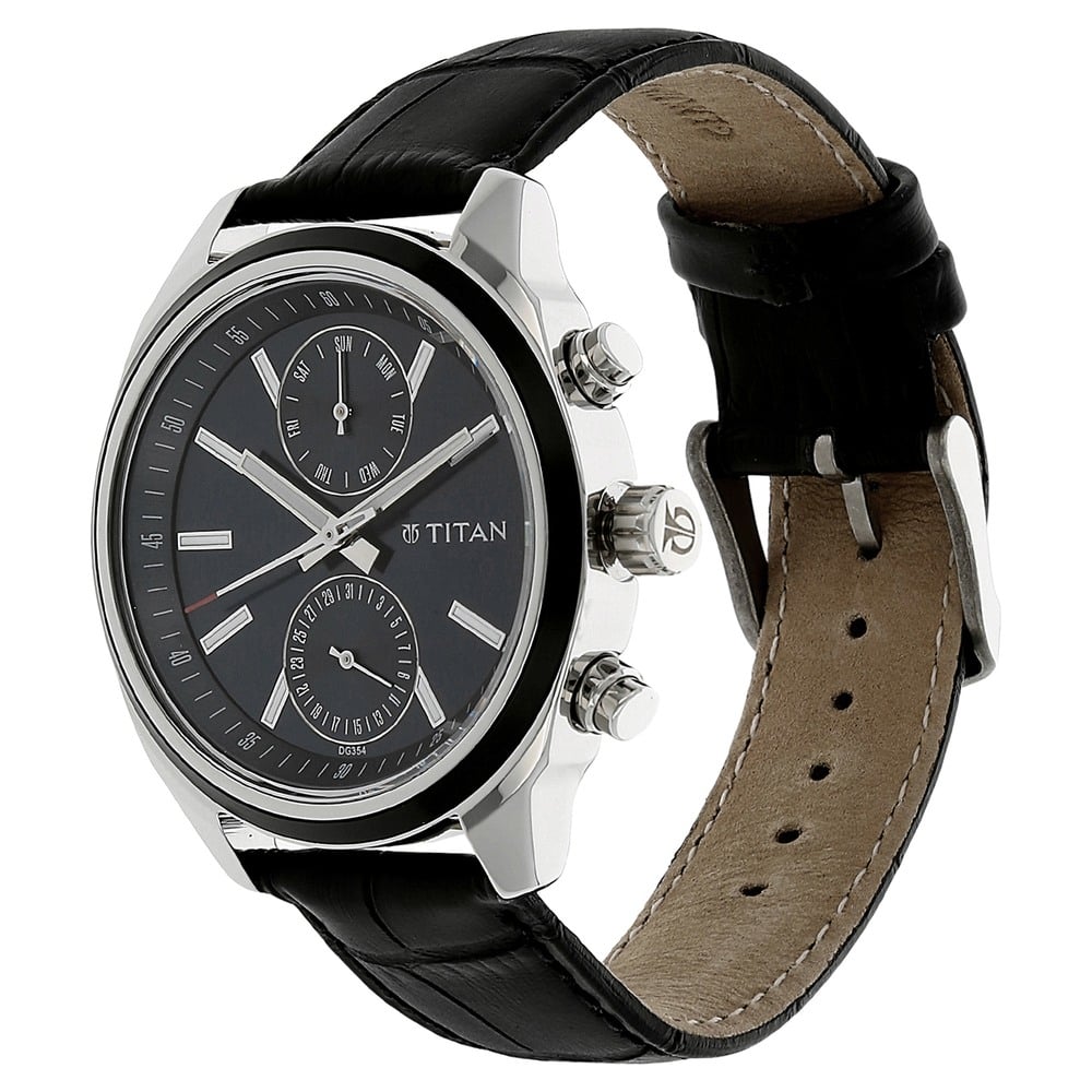 Titan Men's Midnight Precision: Multifunction Blue Dial with Classic Leather Strap Watch