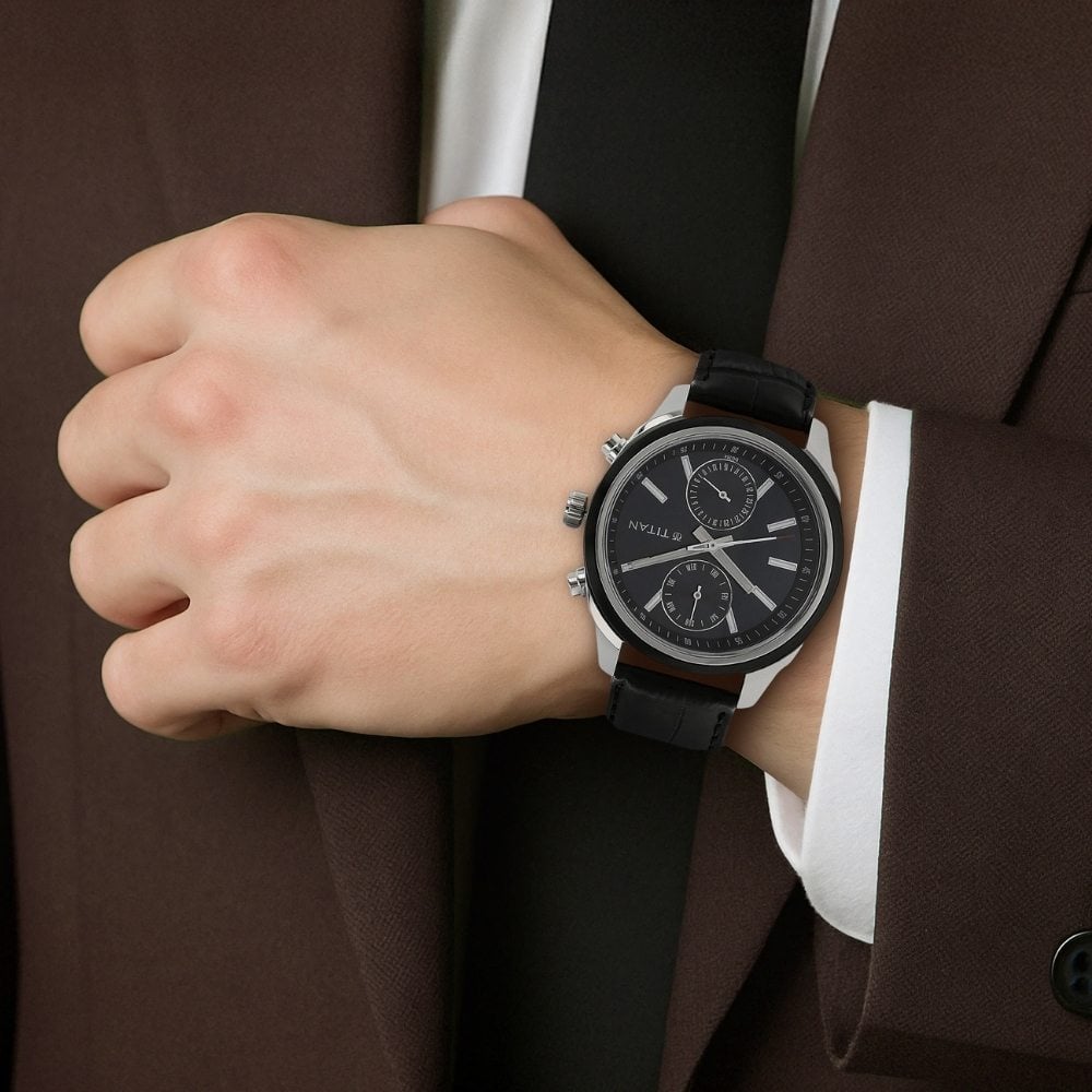 Titan Men's Midnight Precision: Multifunction Blue Dial with Classic Leather Strap Watch