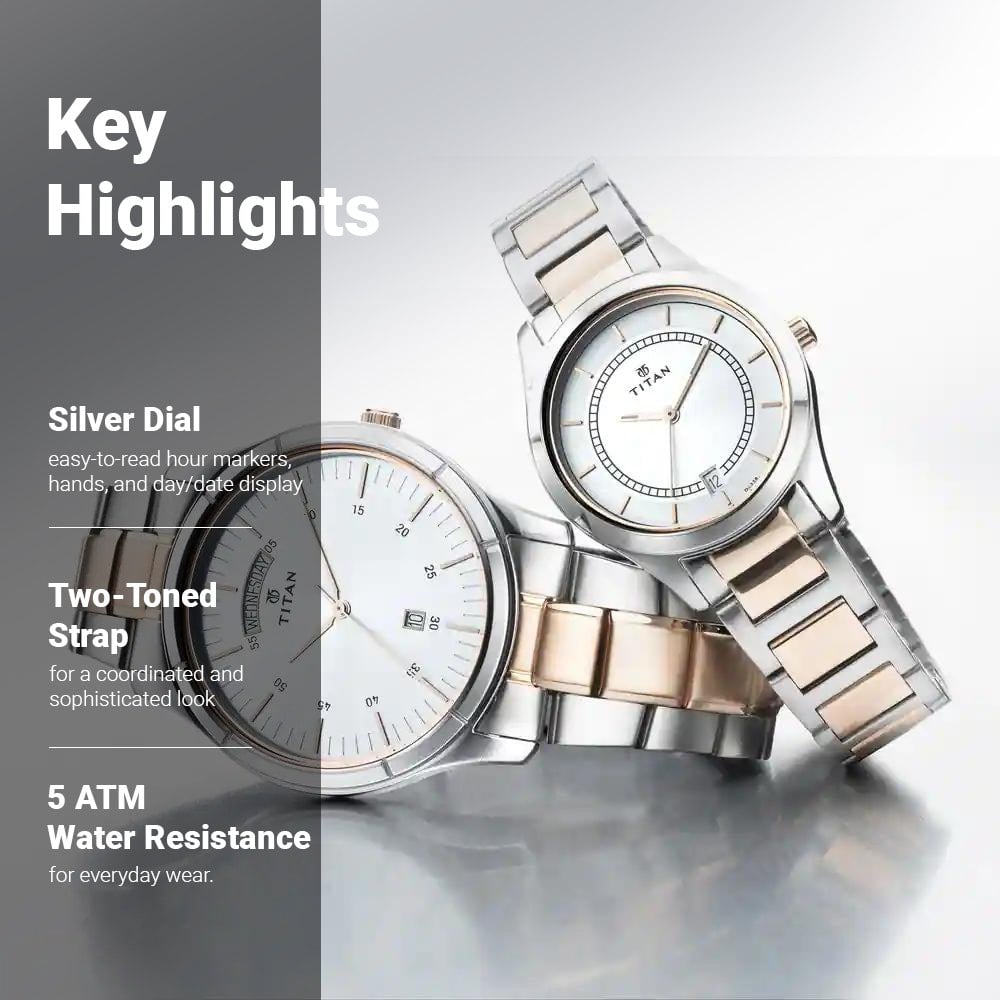 Titan Bandhan Quartz Analog with Day and Date Silver Dial Stainless Steel Strap Watch for Couple