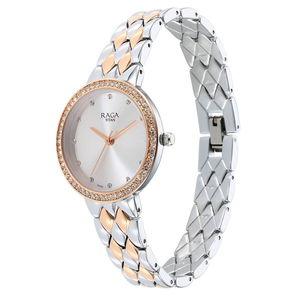 Titan Raga Showstopper Quartz Analog Silver Round Dial Two Toned Metal Strap Watch For Women