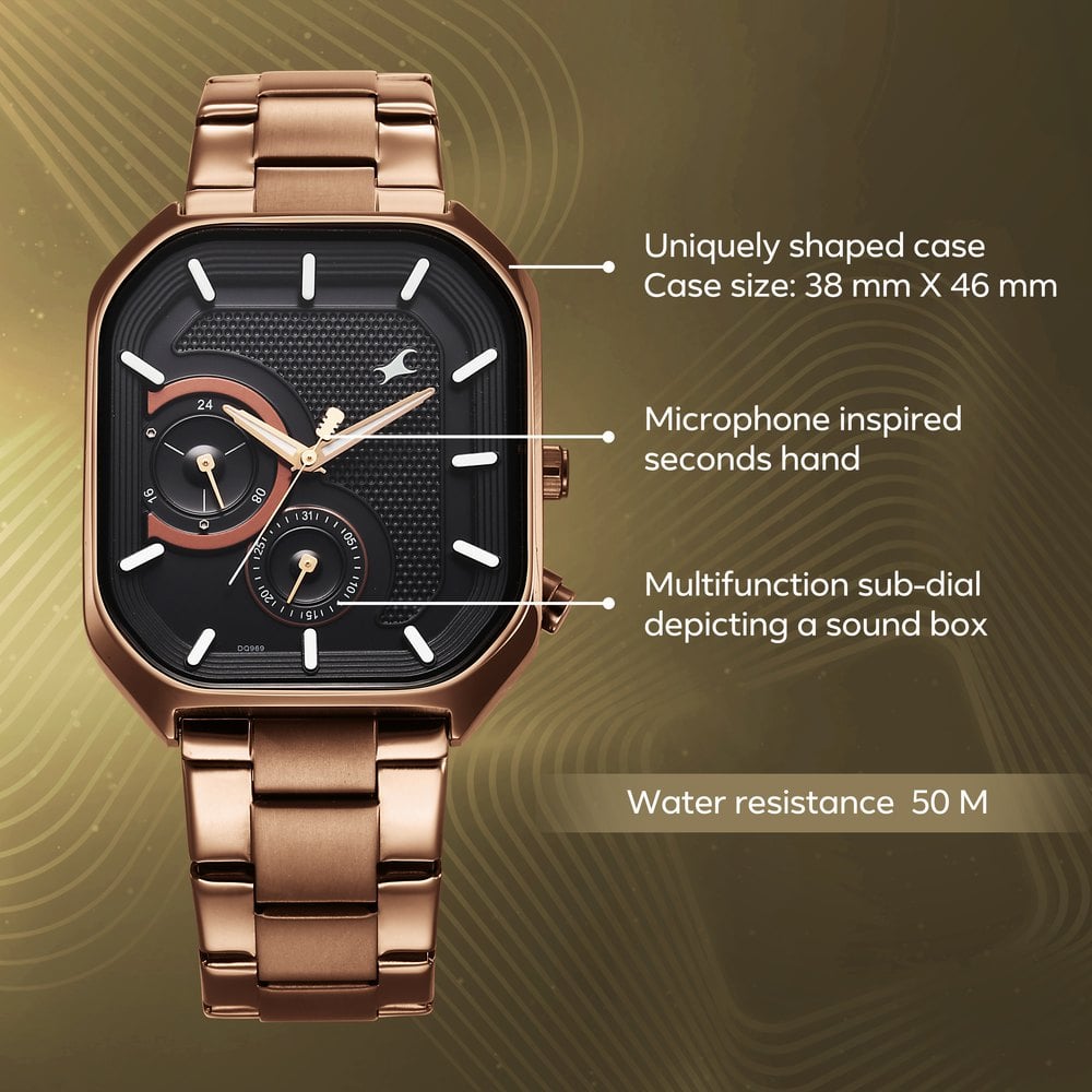 Fastrack Groove Multifunction Black Dial Metal Strap Guy's Watch with Lume indices