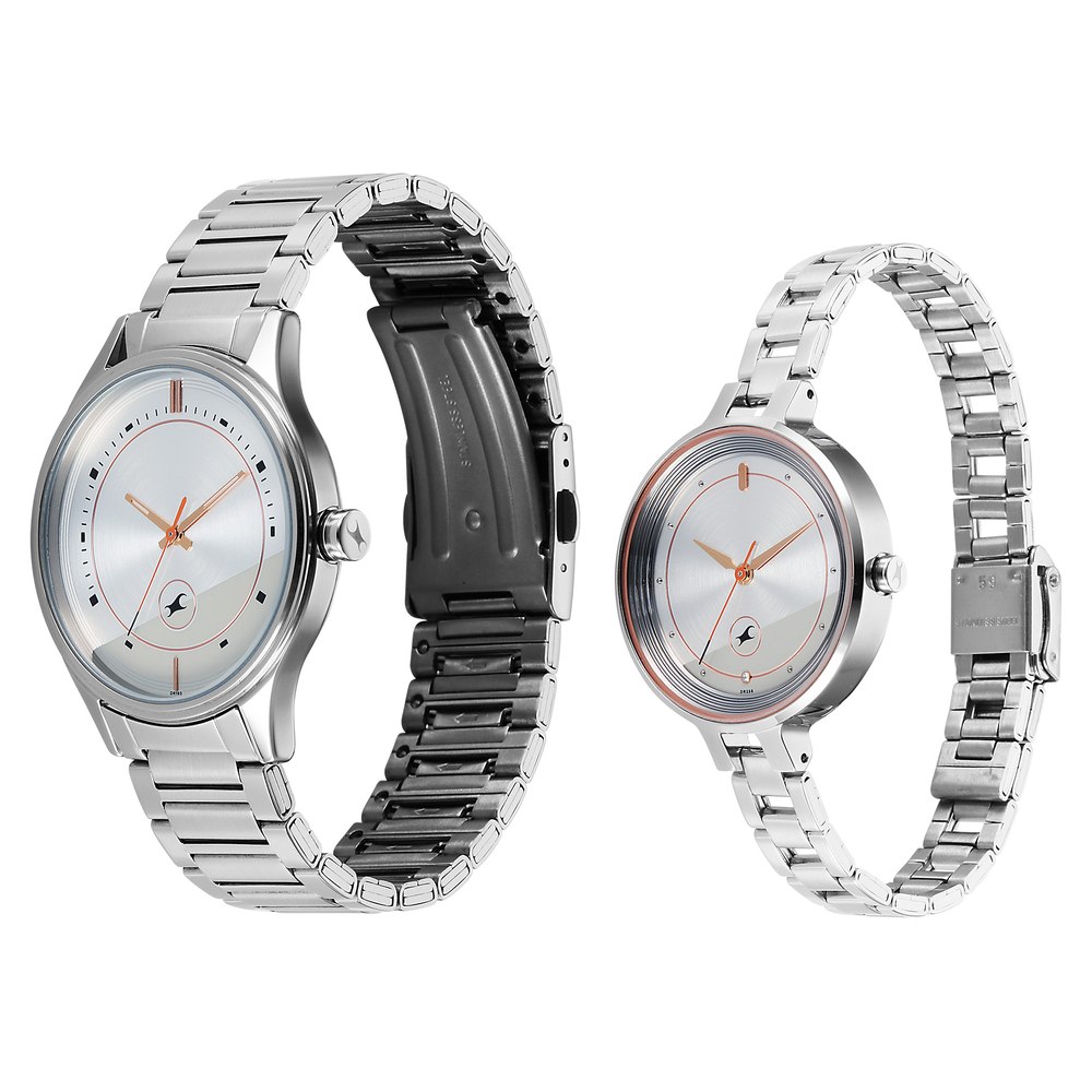 Fastrack Mixmatched Quartz Analog Silver Dial Silver Stainless Steel Strap Watch For Couple
