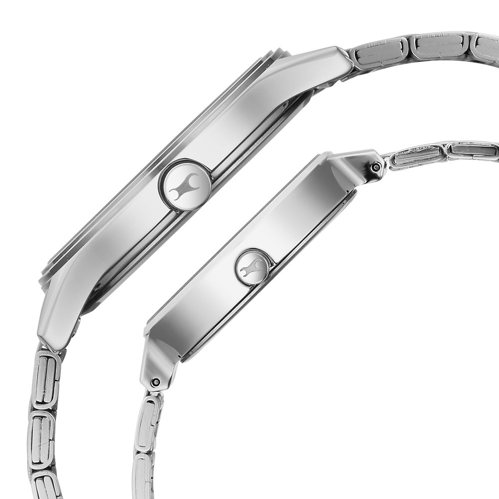 Fastrack Mixmatched Quartz Analog Silver Dial Silver Stainless Steel Strap Watch For Couple