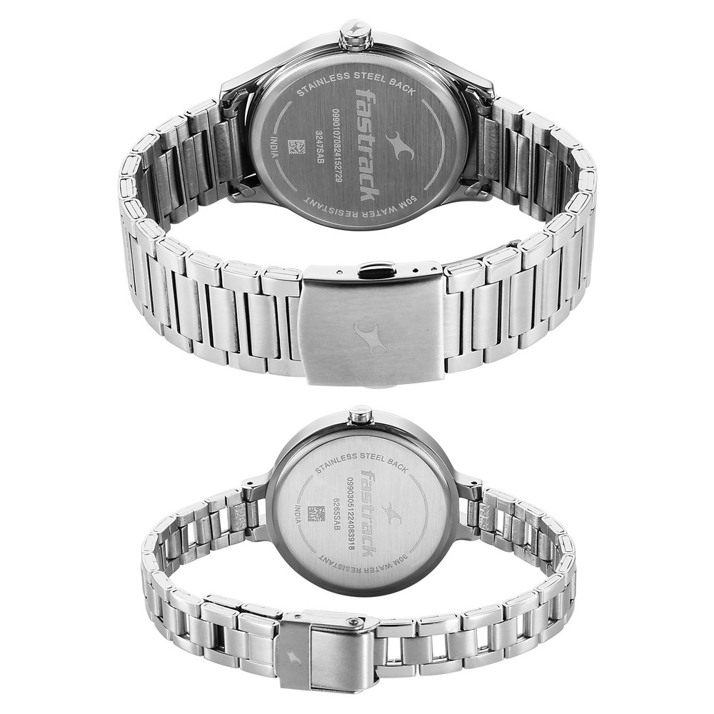 Fastrack Mixmatched Quartz Analog Silver Dial Silver Stainless Steel Strap Watch For Couple