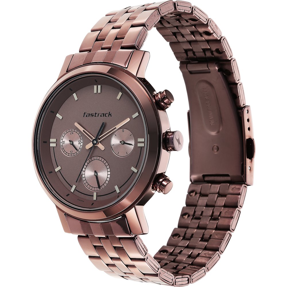 Fastrack Tick Tock Quartz Multifunction Brown Dial Metal Strap Watch for Guys