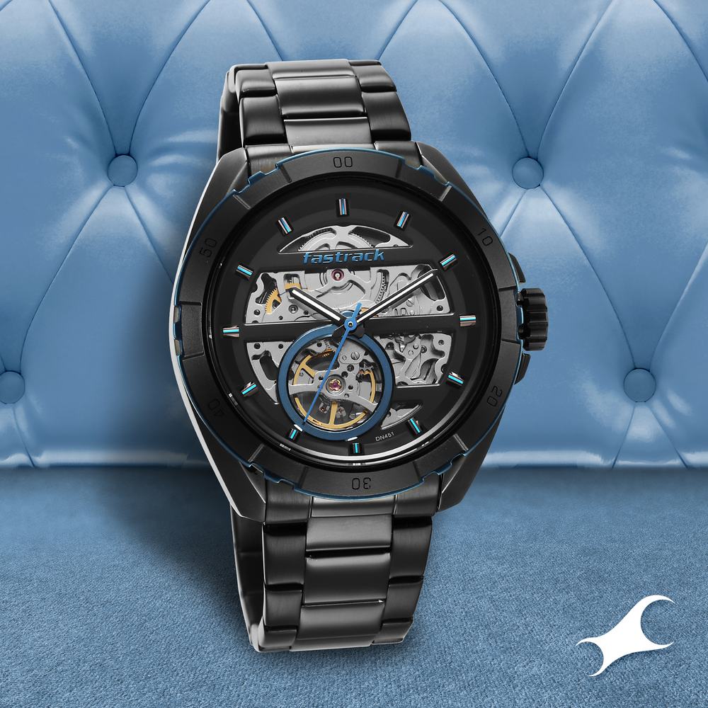Fastrack Automatics Black Dial Black Stainless Steel Strap Watch For Guys