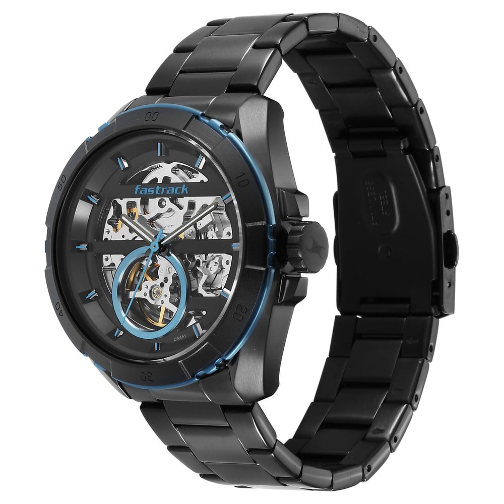 Fastrack Automatics Black Dial Black Stainless Steel Strap Watch For Guys