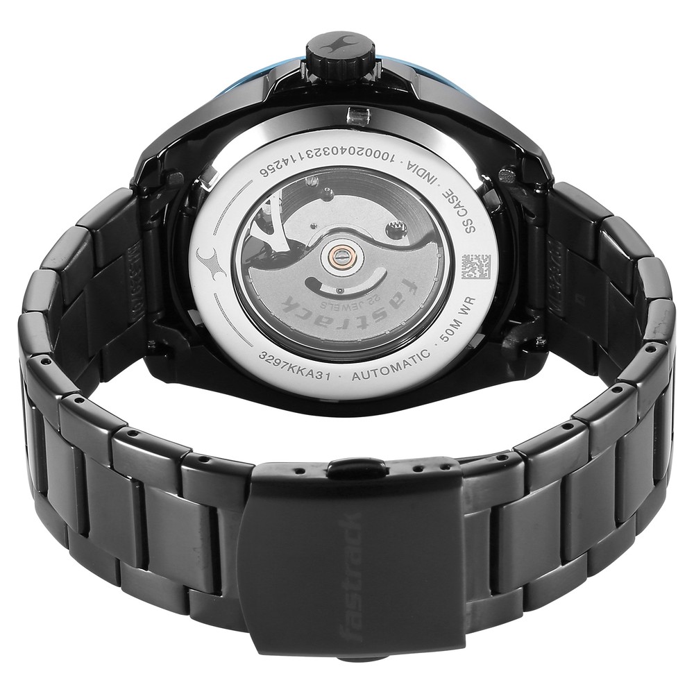 Fastrack Automatics Black Dial Black Stainless Steel Strap Watch For Guys