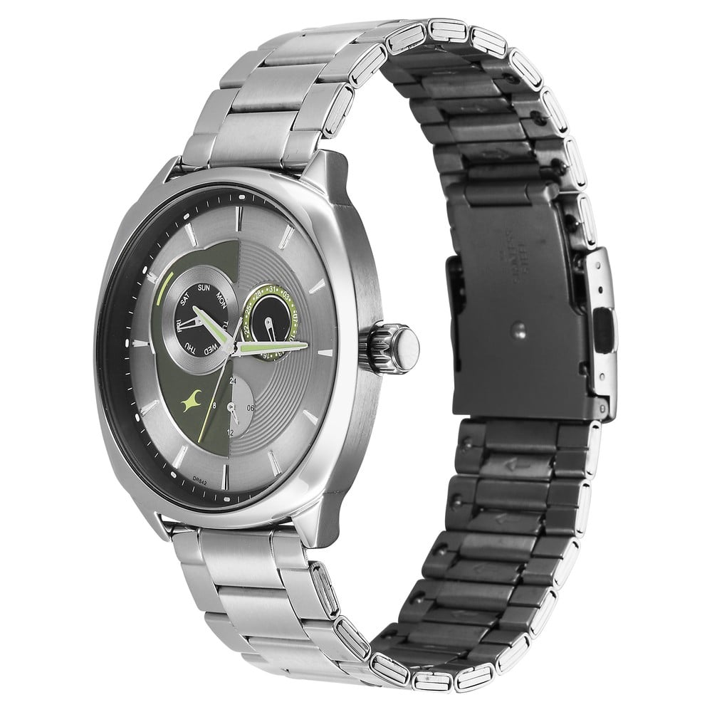 Fastrack Tik Tok Quartz Multifunction Silver Dial Stainless Steel Strap Watch For Guys