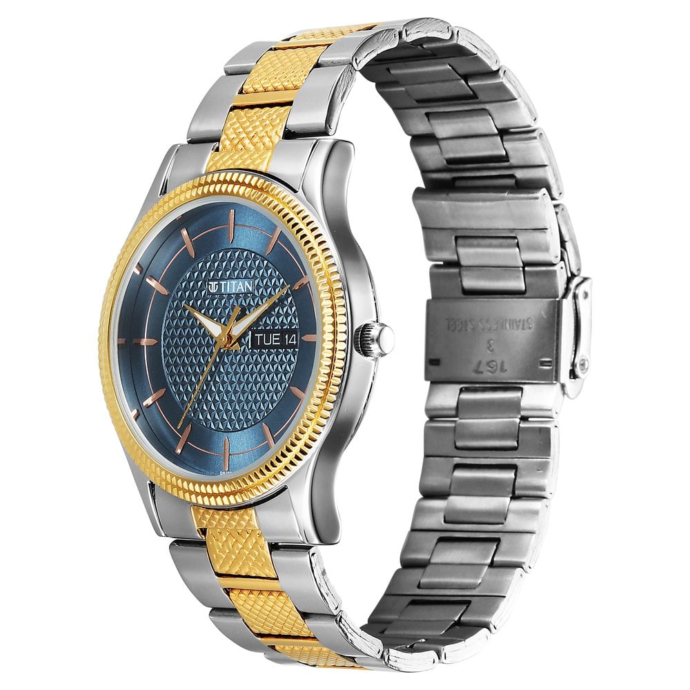 Titan Karishma Wedding Edit Quartz Analog with Day and Date Blue Dial Stainless Steel Strap Watch For Men