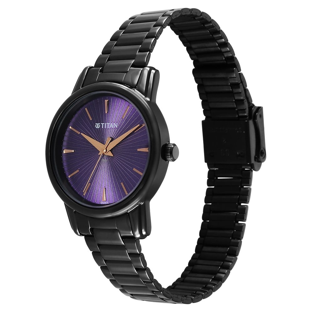 Titan Karishma Quartz Analog Purple Dial Black Stainless Steel Strap Watch For Women