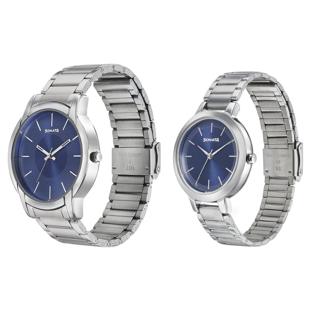 Sonata Quartz Analog Blue Dial Metal Strap Watch for Couple
