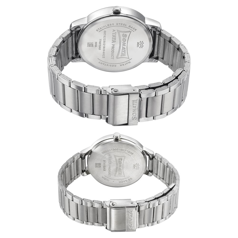 Sonata Quartz Analog Blue Dial Metal Strap Watch for Couple