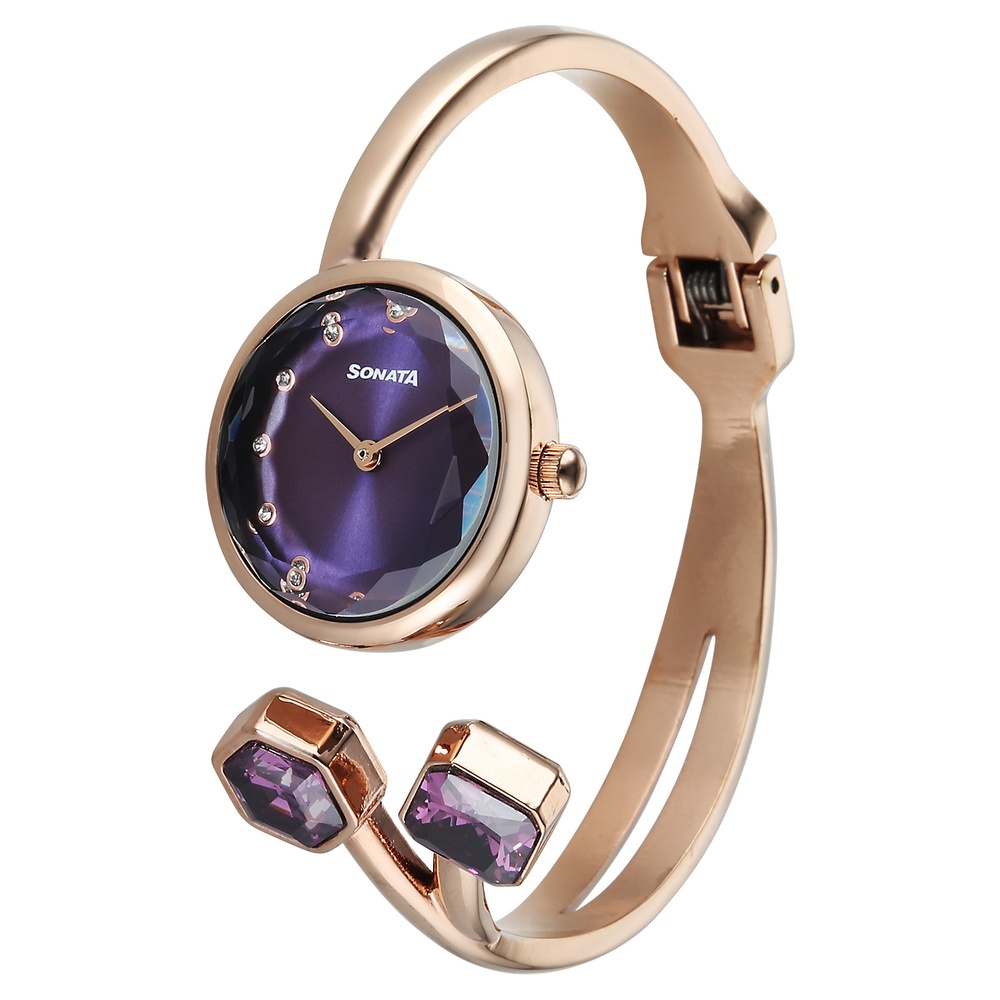 Sonata Aura Quartz Analog Purple Dial Rose Gold Stainless Steel Strap Watch For Women