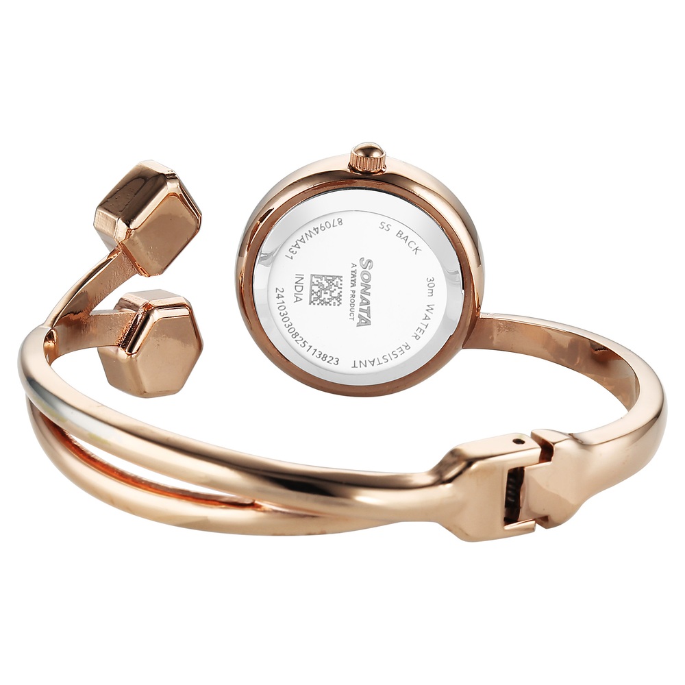 Sonata Aura Quartz Analog Purple Dial Rose Gold Stainless Steel Strap Watch For Women