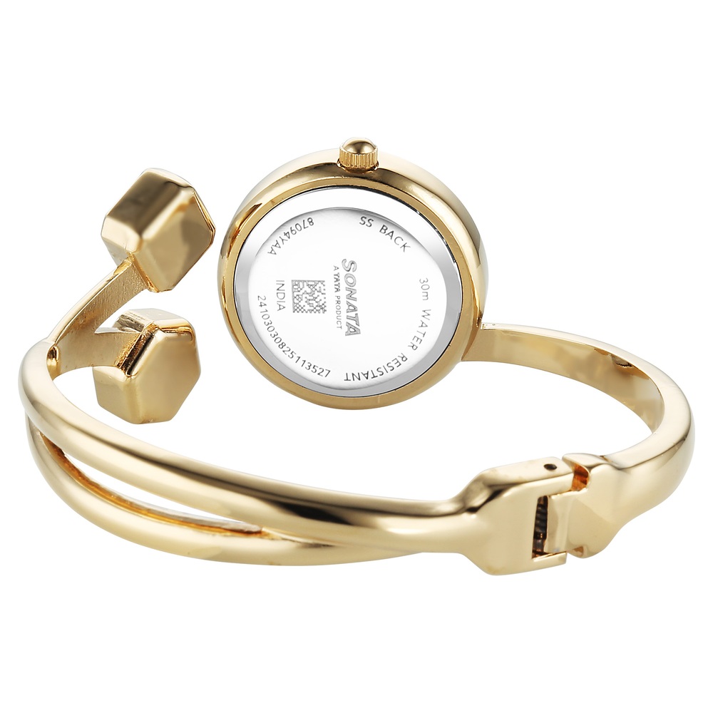 Sonata Aura Quartz Analog White Dial Golden Stainless Steel Strap Watch For Women