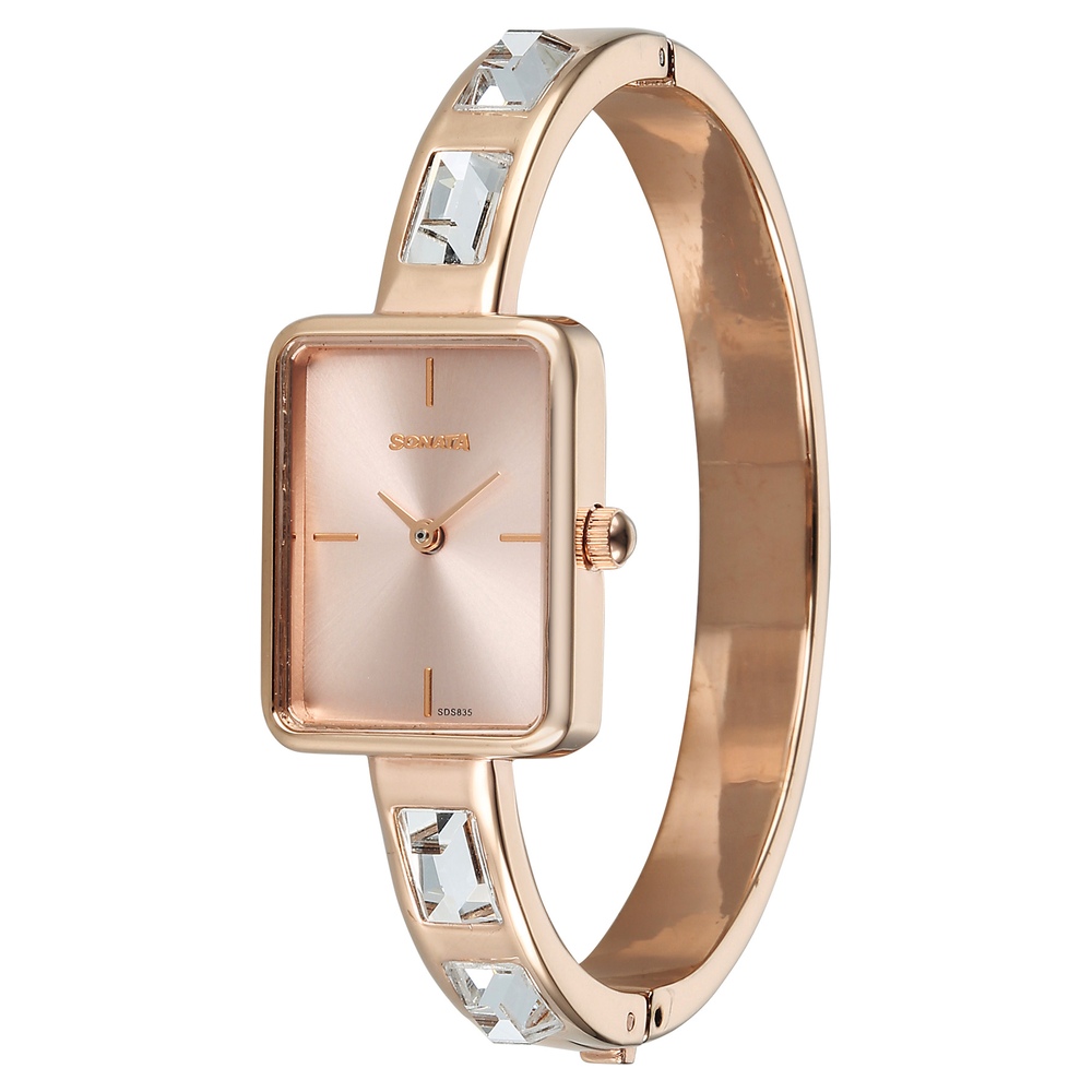 Sonata Aura Quartz Analog Pink Dial Rose Gold Stainless Steel Strap Watch For Women