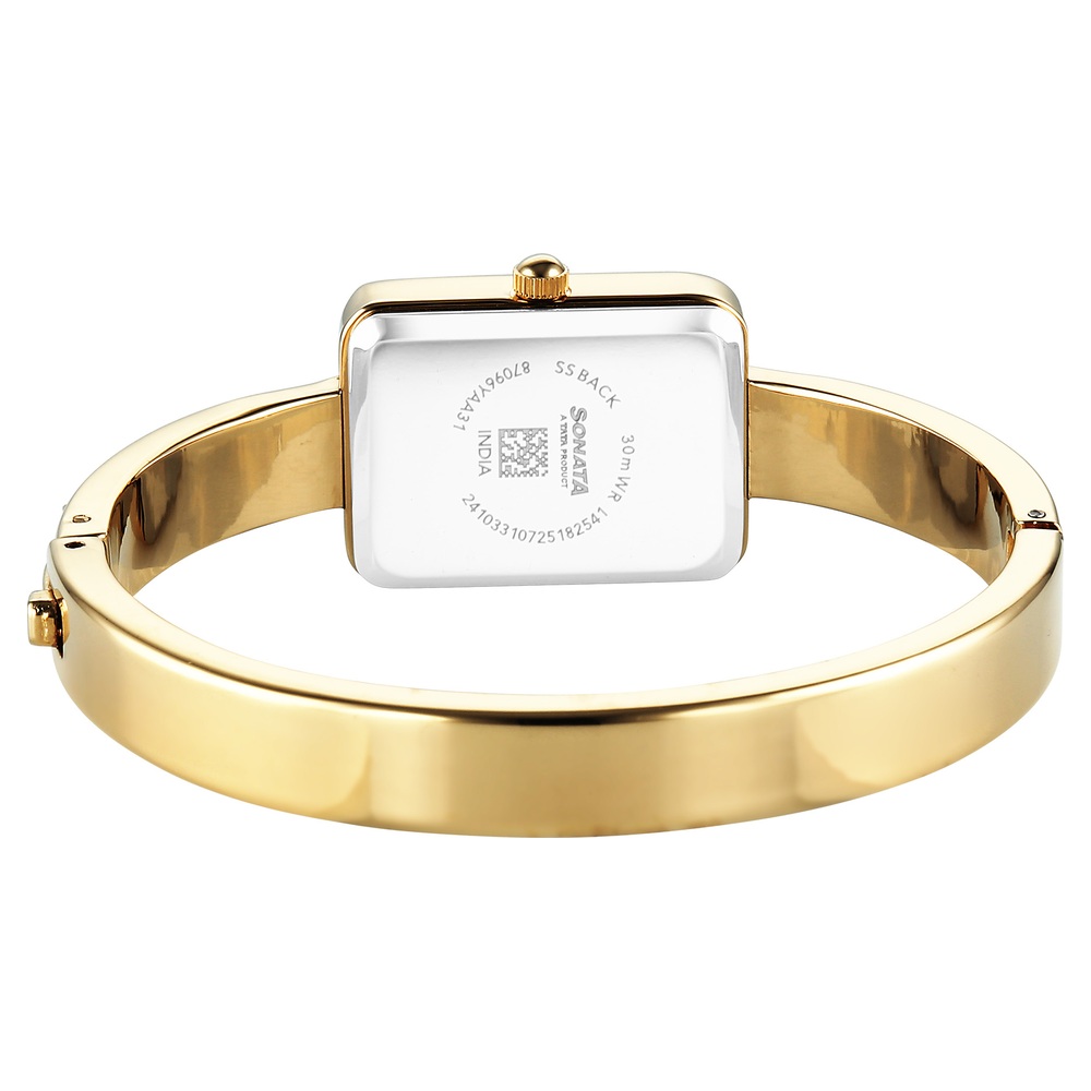 Sonata Aura Quartz Analog White Mother of Pearl Dial Golden Stainless Steel Strap Watch For Women