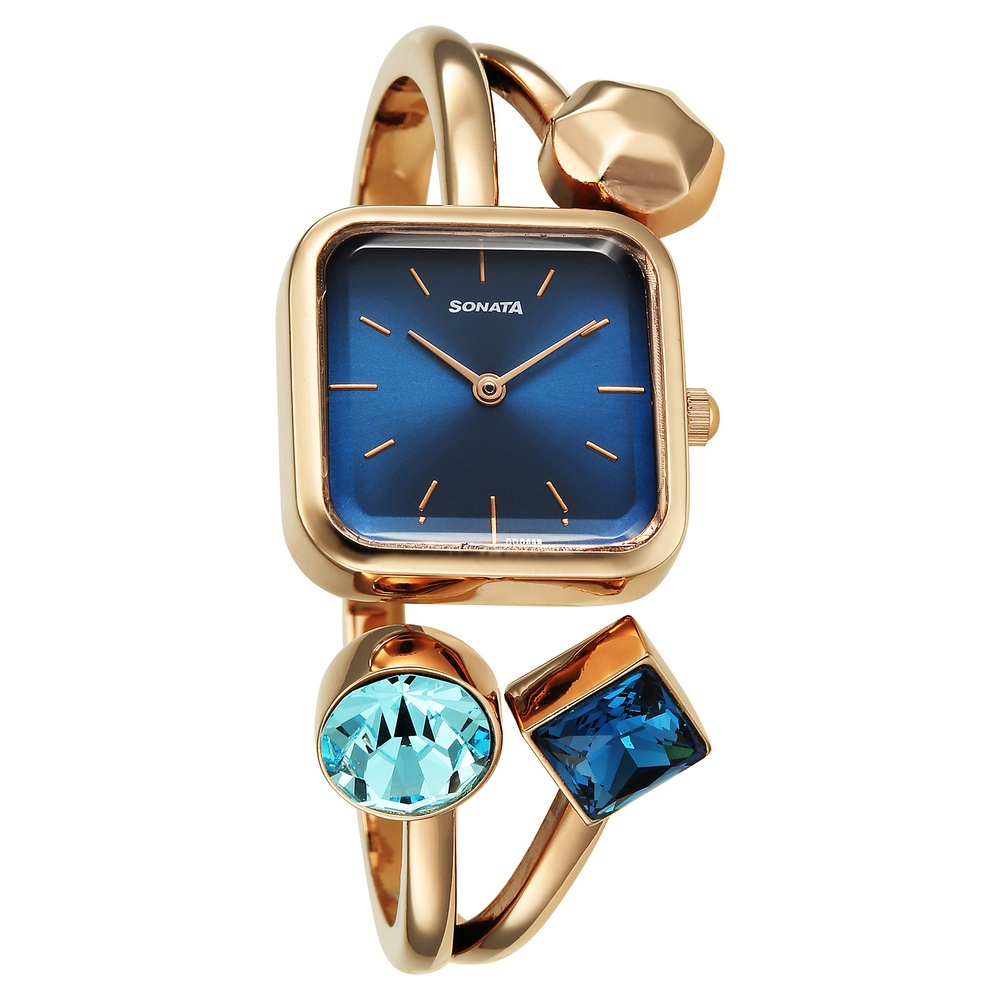 Sonata Aura Quartz Analog Blue Dial Rose Gold Stainless Steel Strap Watch For Women