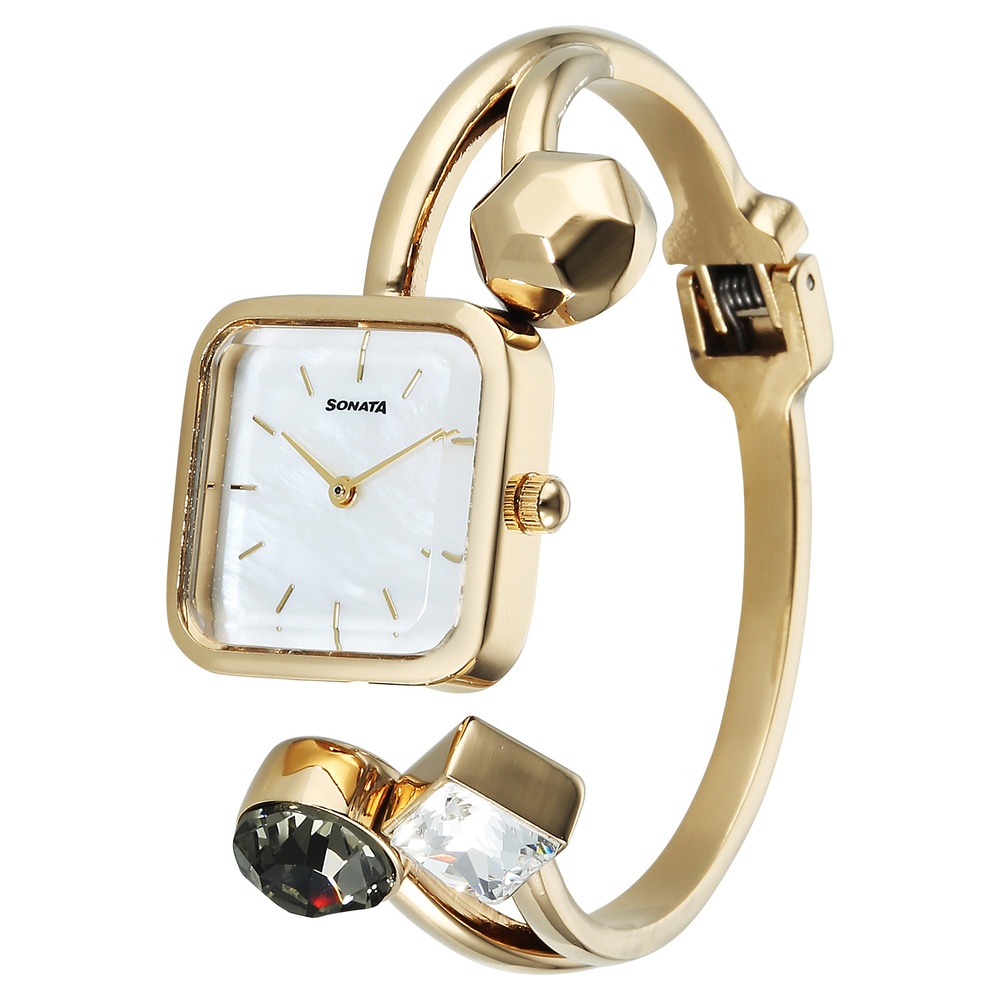 Sonata Aura Quartz Analog White Mother of Pearl Dial Golden Stainless Steel Strap Watch For Women