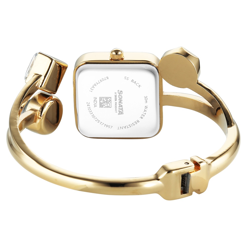 Sonata Aura Quartz Analog White Mother of Pearl Dial Golden Stainless Steel Strap Watch For Women