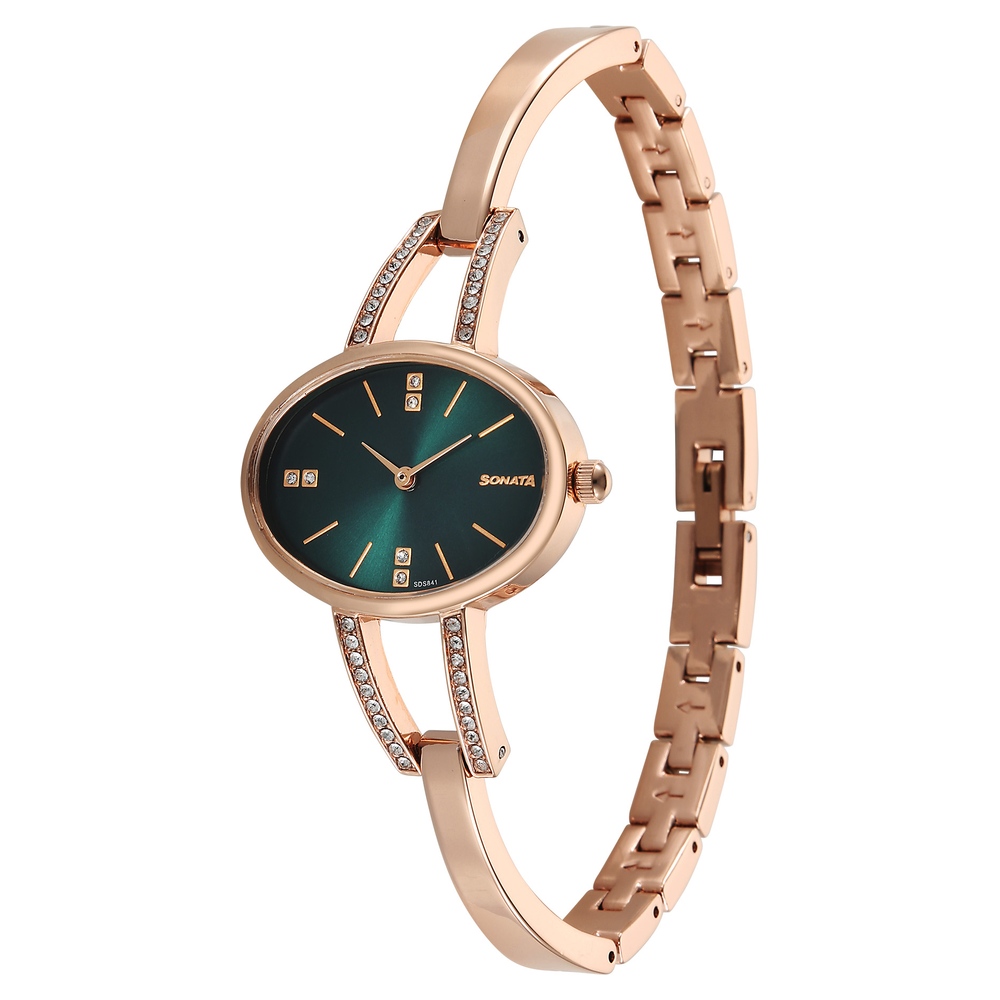Sonata Aura Quartz Analog Green Dial Rose Gold Stainless Steel Strap Watch For Women