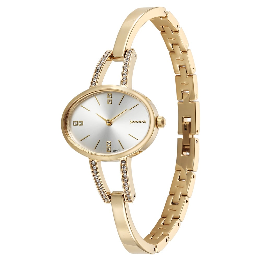 Sonata Aura Quartz Analog Silver Dial Golden Stainless Steel Strap Watch For Women