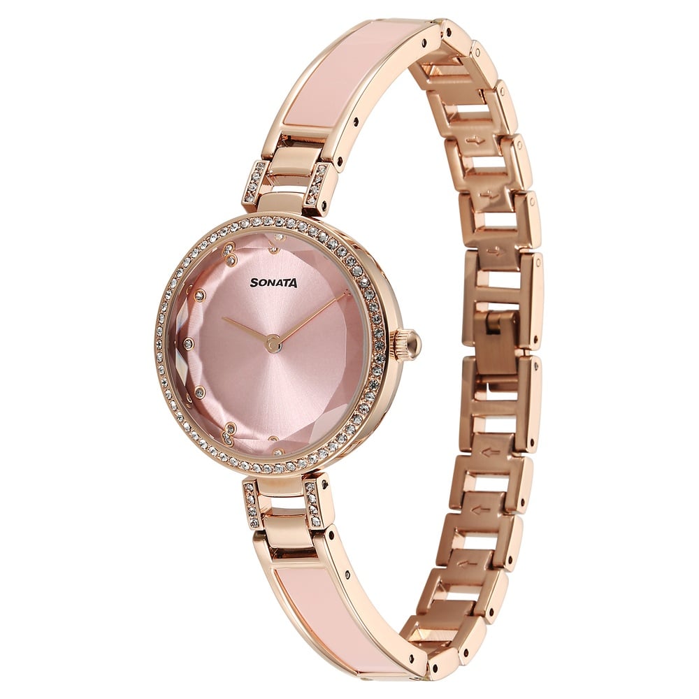 Sonata Aura Quartz Analog Pink Dial Rose Gold Stainless Steel Strap Watch For Women