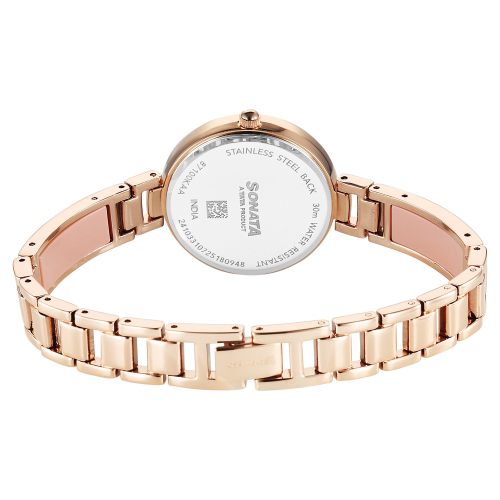 Sonata Aura Quartz Analog Pink Dial Rose Gold Stainless Steel Strap Watch For Women