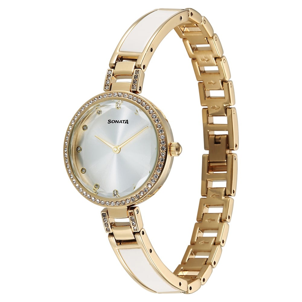 Sonata Aura Quartz Analog Silver Dial Two Toned Stainless Steel Strap Watch For Women