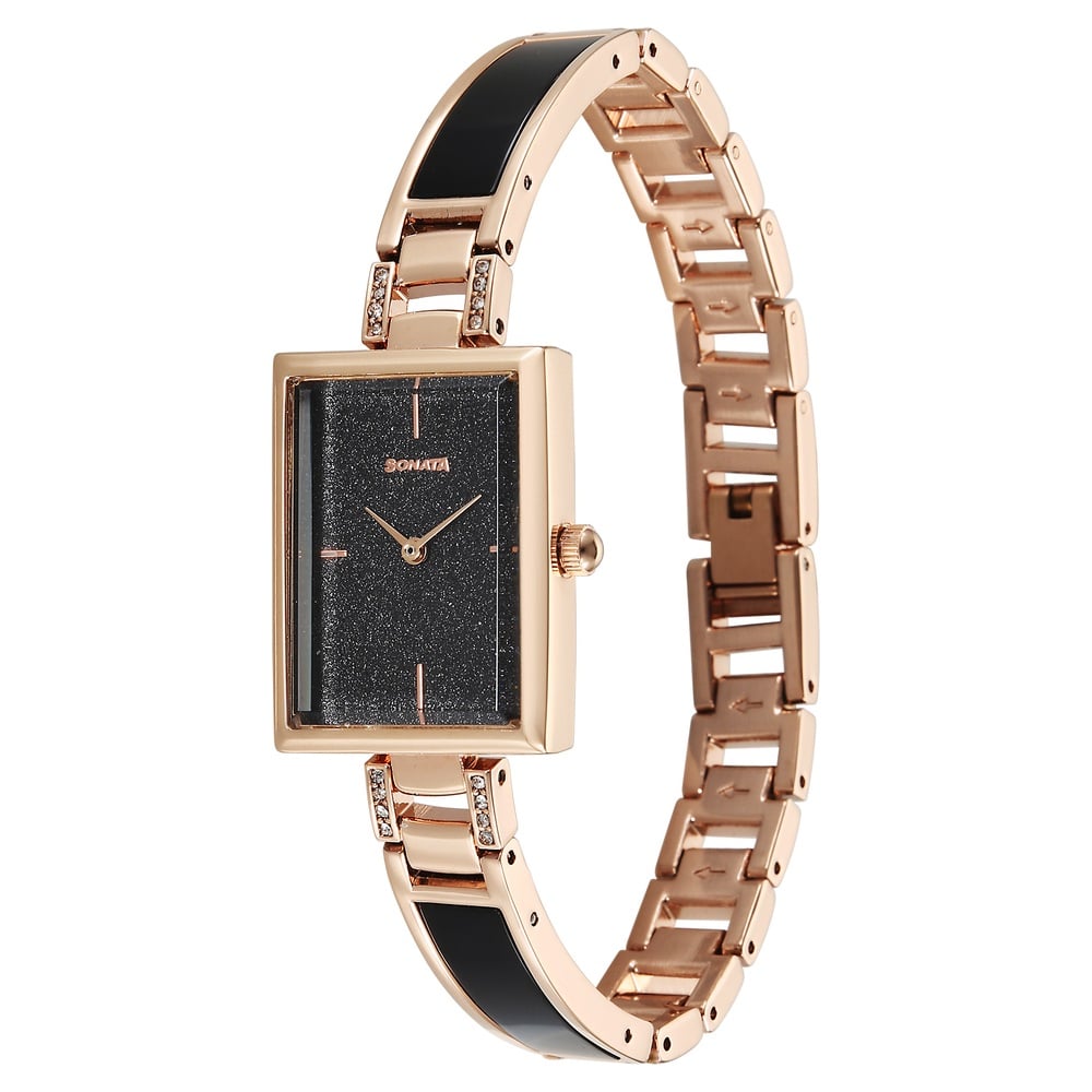 Sonata Aura Quartz Analog Black Dial Two Toned Stainless Steel Strap Watch For Women