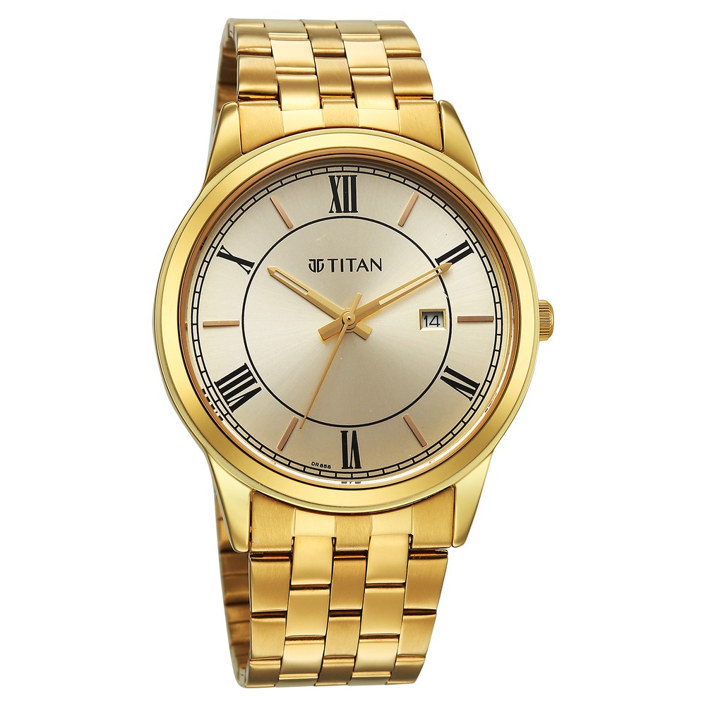Titan Karishma Festive Analog with Green Dial Full Roman Numerals Yellow Gold Stainless Steel Strap Watch for Men
