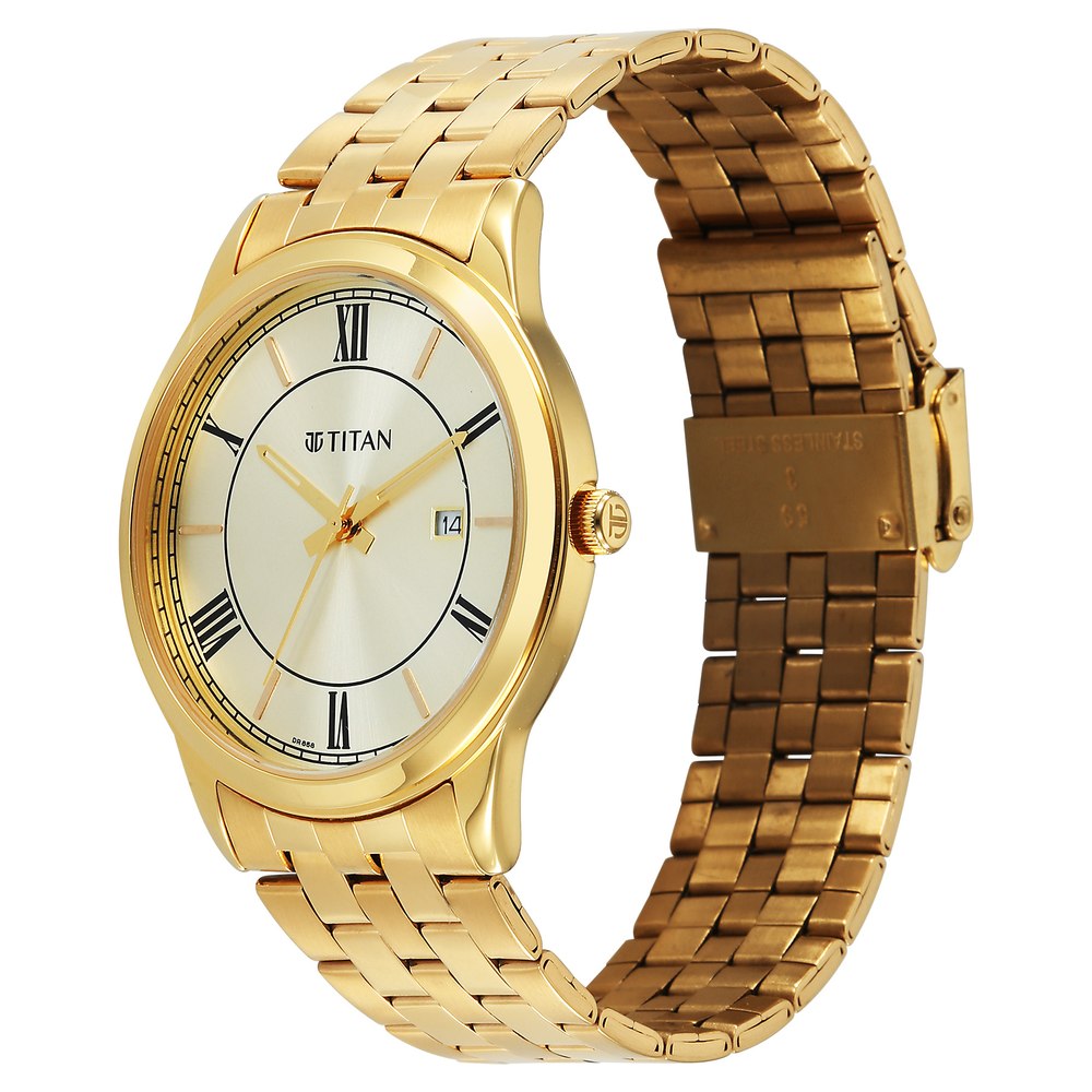 Titan Karishma Festive Analog with Green Dial Full Roman Numerals Yellow Gold Stainless Steel Strap Watch for Men