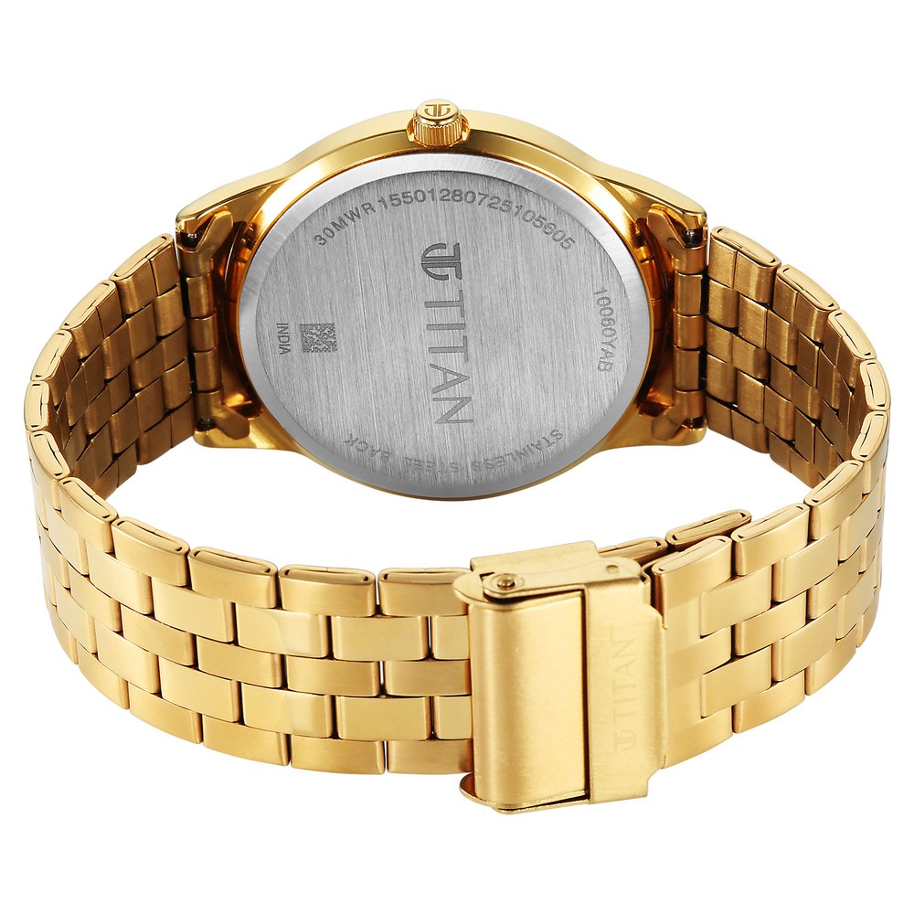 Titan Karishma Festive Analog with Green Dial Full Roman Numerals Yellow Gold Stainless Steel Strap Watch for Men