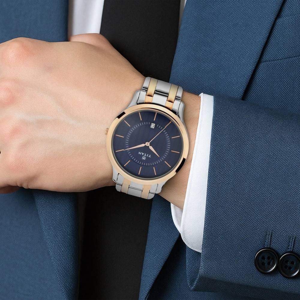 Titan Quartz Analog with Date Blue Dial Stainless Steel Strap Watch for Men