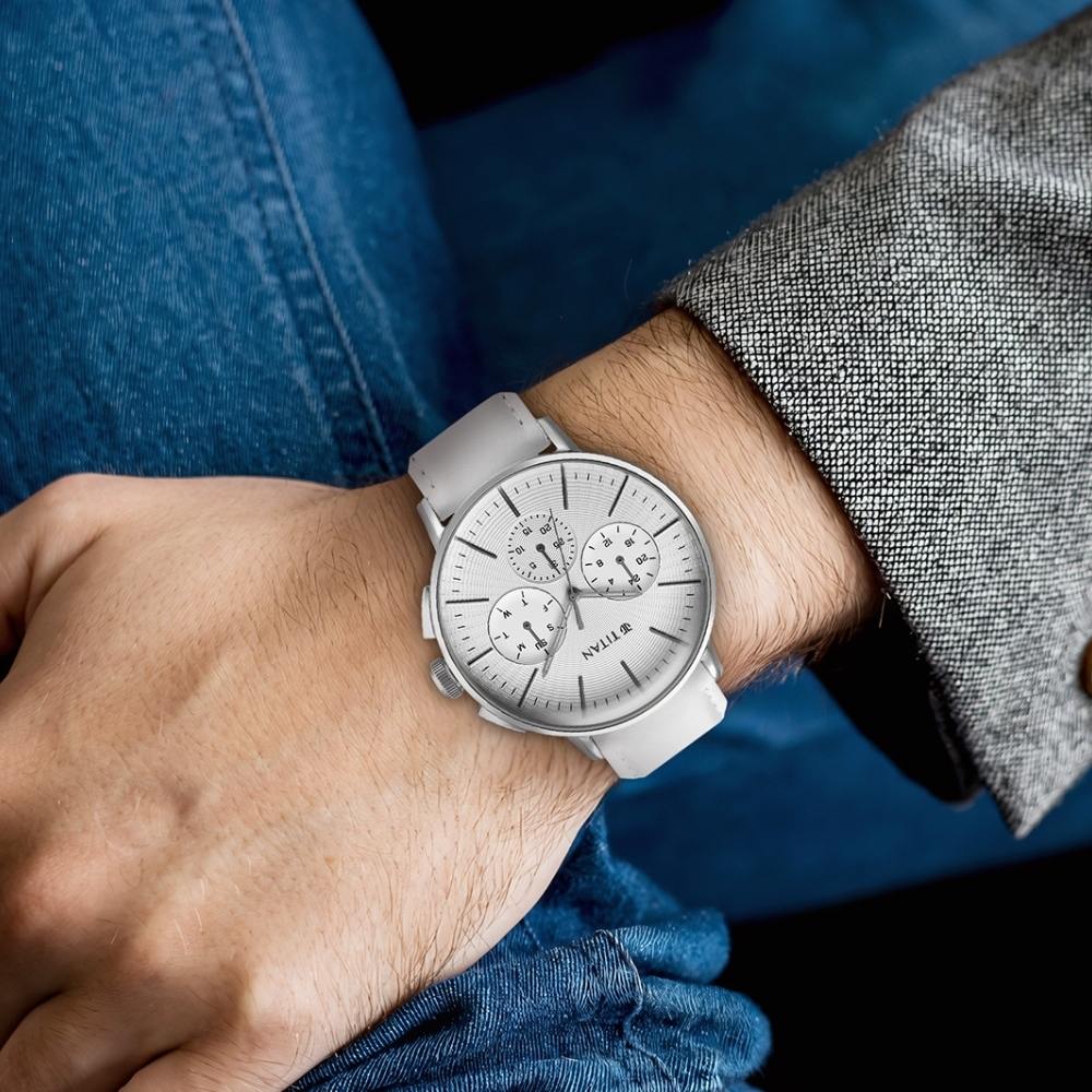 Titan Light leathers Multifunction Silver Dial Leather Strap Watch For Men