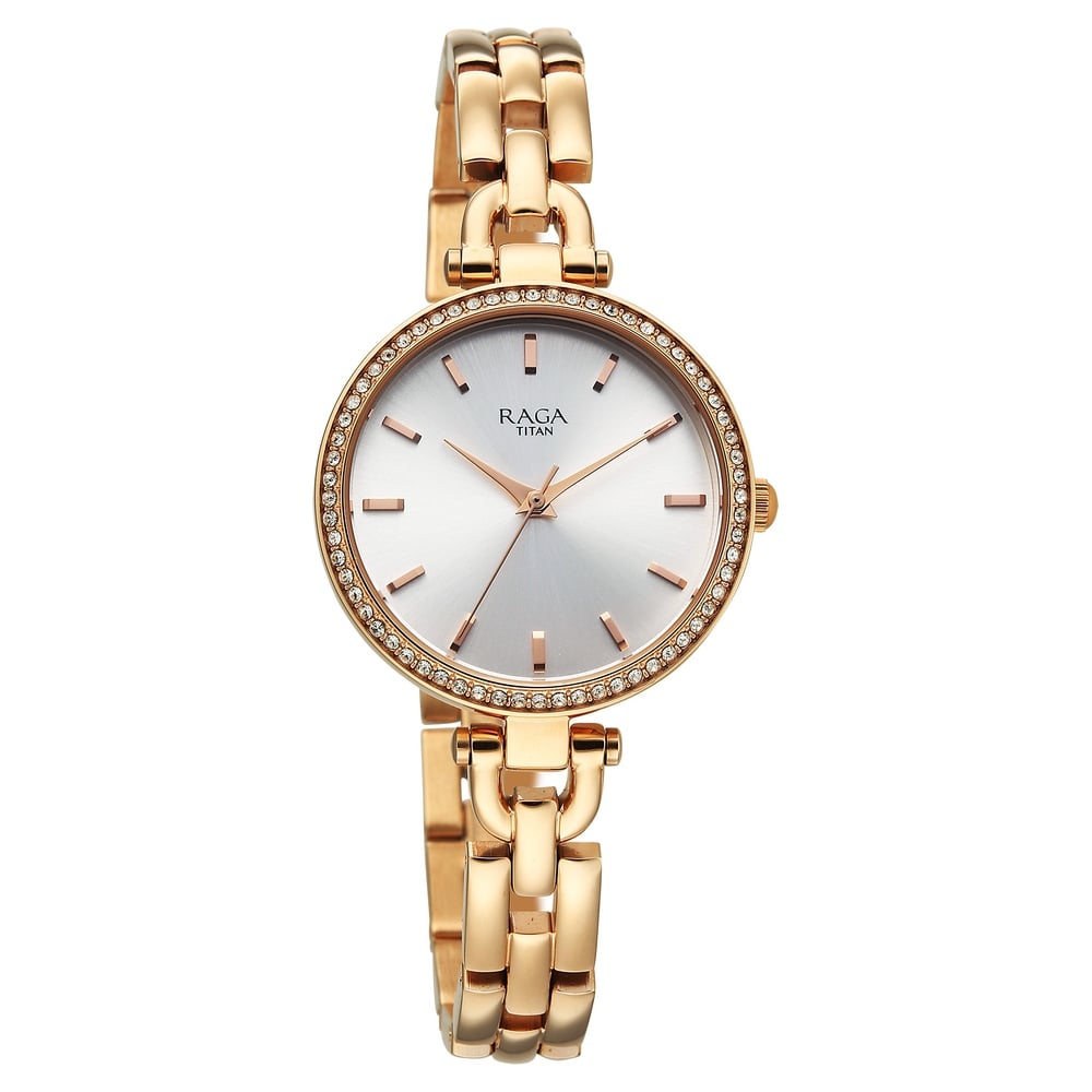 Titan Raga Showstopper Quartz Analog Silver Dial Rose Gold Metal Strap Watch For Women