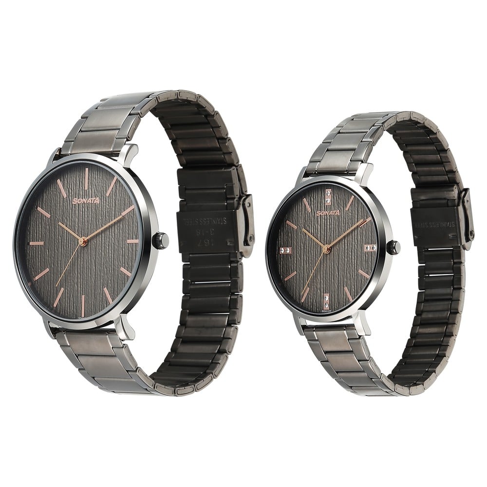 Sonata Soulmate Quartz Analog Grey Dial Grey Stainless Steel Strap Watch For Couple