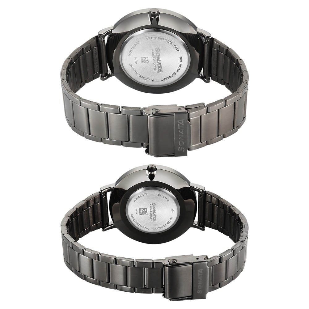 Sonata Soulmate Quartz Analog Grey Dial Grey Stainless Steel Strap Watch For Couple