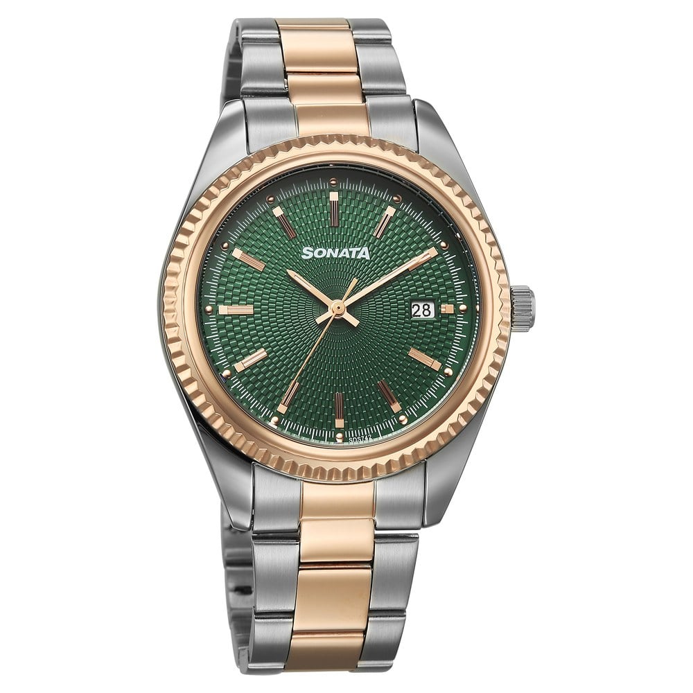 Sonata Festive Quartz Analog with Date Green Dial Metal Strap Watch For Men