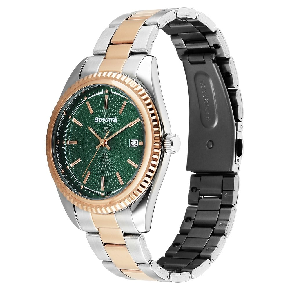 Sonata Festive Quartz Analog with Date Green Dial Metal Strap Watch For Men