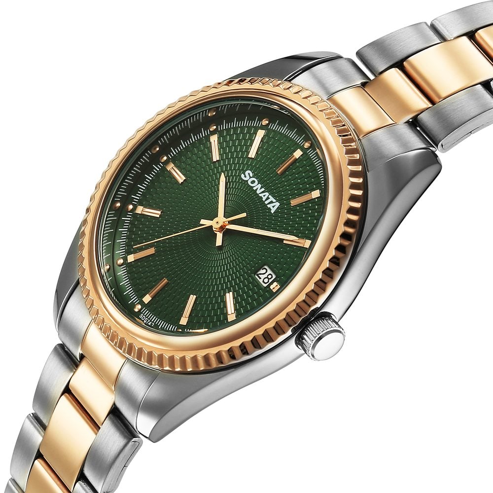 Sonata Festive Quartz Analog with Date Green Dial Metal Strap Watch For Men