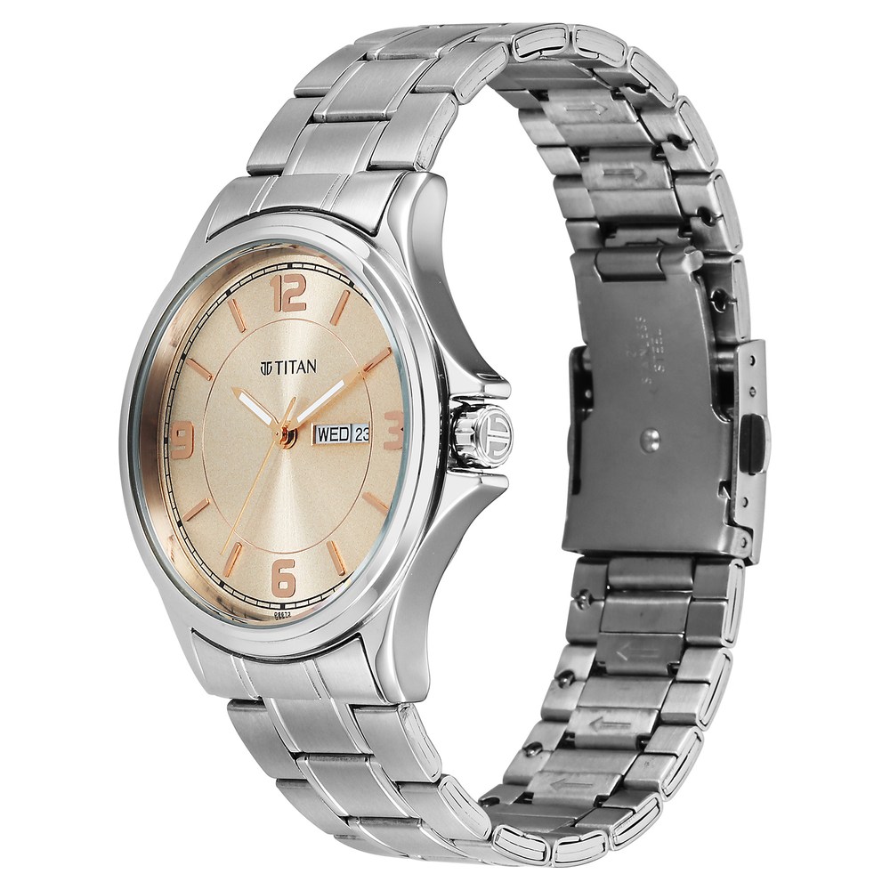 Titan Neo Arabic Analog with Day Date Beige Dial Silver Stainless Steel Strap Watch for Men